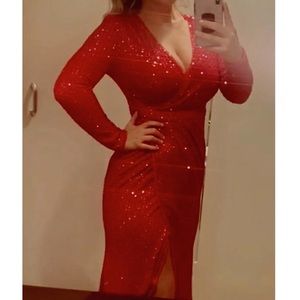 Red sequin long sleeve dress. SHEIN